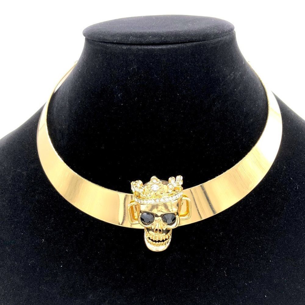 Gold Tone Choker w/ Skull ☠️ Decor & Rhinestones